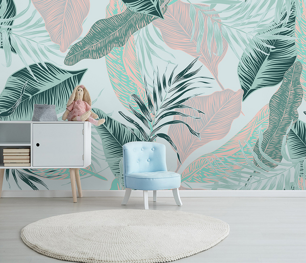 Beige and Green Leaves - Tropical Wallpaper Murals-Flower & Leaf Wallpaper