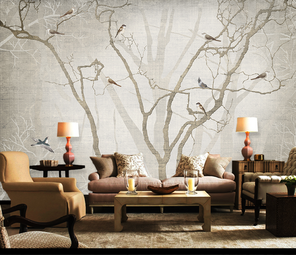 Birds on Tree Trunks Wallpaper Mural - Enhance Your Space-Trees Wallpaper