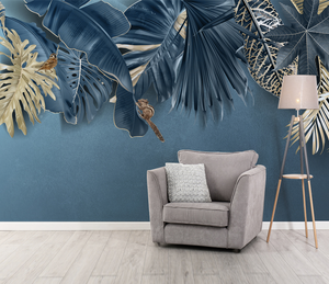 Blue Leafs Theme - Tropical Wallpaper Murals-Flower & Leaf Wallpaper
