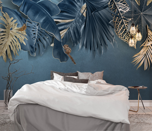 Blue Leafs Theme - Tropical Wallpaper Murals-Flower & Leaf Wallpaper