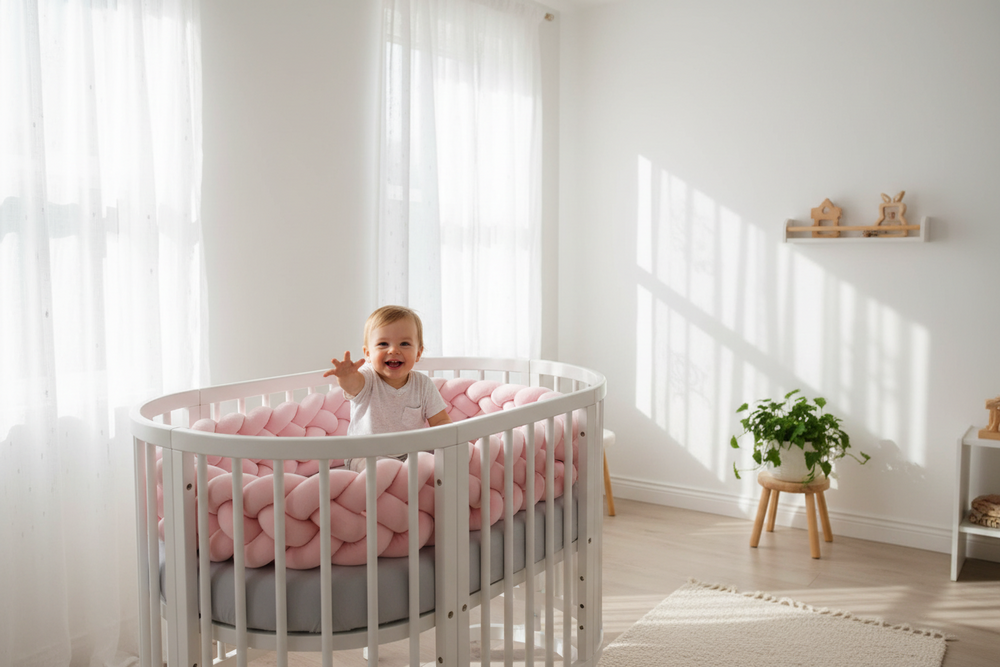 Atmungsaktives, rosafarbenes Bettnestchen mit 6 Knoten: Kinderbettnestchen