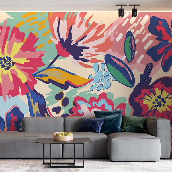 Bright Blossom Flowers: Living Room Wallpaper Mural-Flower & Leaf Wallpaper