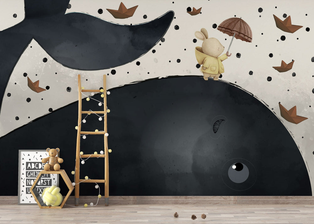 Bunny on Sea Whale: Kids Room Wallpaper Mural-Kids Room Wallpaper