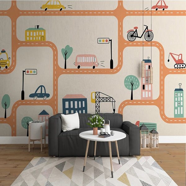 City Roads Car Tracks Nursery Wallpaper-Kids Room Wallpaper