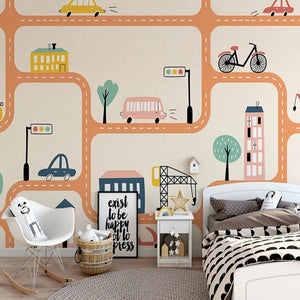City Roads Car Tracks Nursery Wallpaper-Kids Room Wallpaper