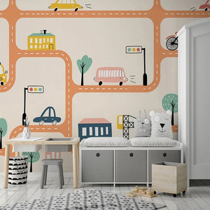 City Roads Car Tracks Nursery Wallpaper-Kids Room Wallpaper