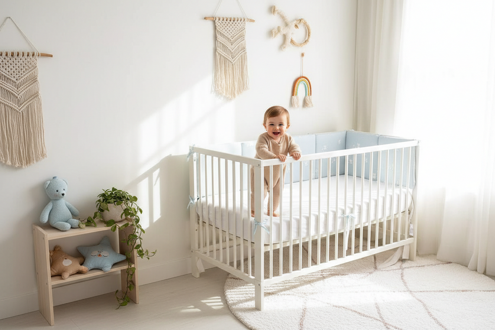 Baumwoll-Cartoon-Kinderzimmer-Bettwäsche-Set – 6-teiliges Set mit Nestchen für Babybetten