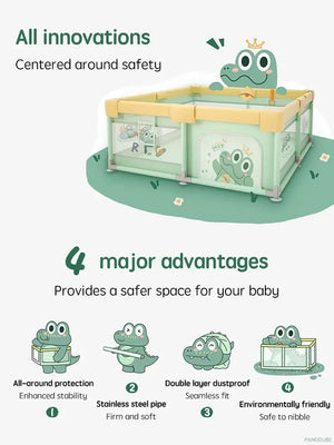 Crocodile Baby Playpen – Metal Frame Play Fence with Storage Bag &amp; Hand Rings-Playpen and Ball Pits