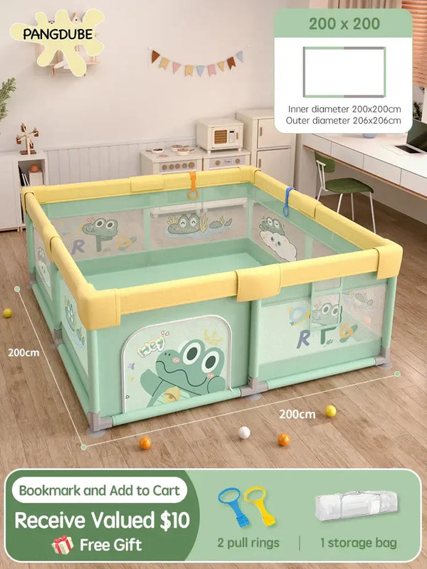 Crocodile Baby Playpen – Metal Frame Play Fence with Storage Bag &amp; Hand Rings-Playpen and Ball Pits