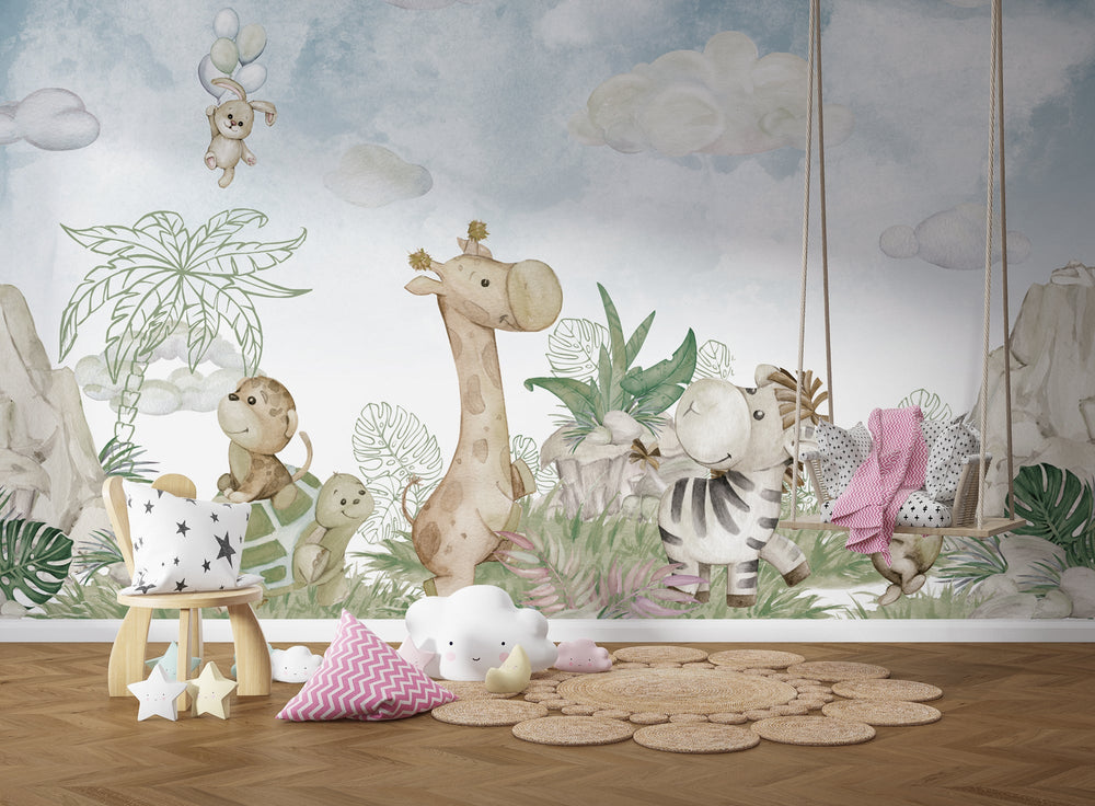 Cute Jungle Safari - Baby Room Wallpaper Mural-Kids Room Wallpaper