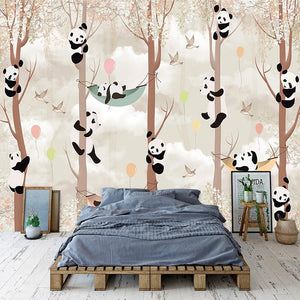 Cute Pandas Hanging on Trees in Forest Nursery Wallpaper-Kids Room Wallpaper