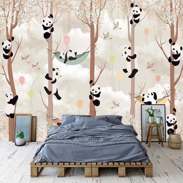 Cute Pandas Hanging on Trees in Forest Nursery Wallpaper-Kids Room Wallpaper