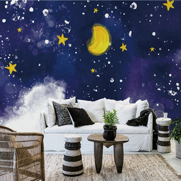 Dark Blue Midnight Sky Clouds Nursery Wallpaper-Kids Room Wallpaper