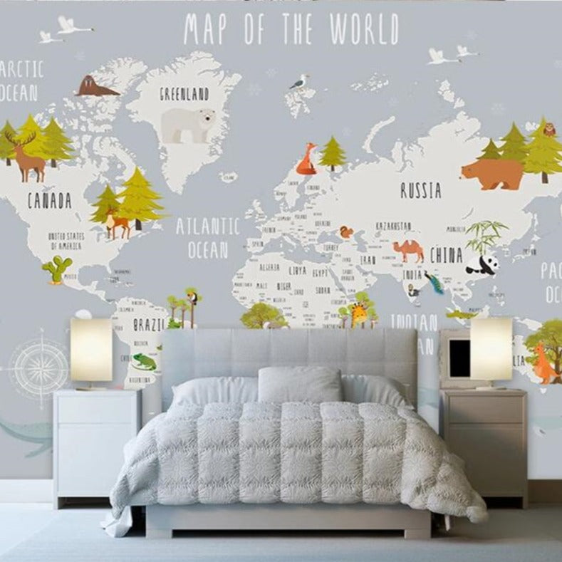 Dreamland Nursery Grey and White World Map Wallpaper-Kids Room Wallpaper