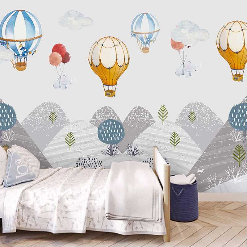 Elephants Hanging from Air Balloons: Kids Nursery Wallpaper-Kids Room Wallpaper