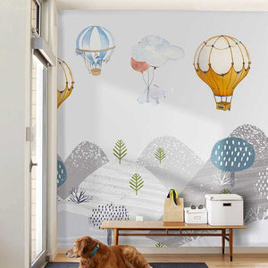 Elephants Hanging from Air Balloons: Kids Nursery Wallpaper-Kids Room Wallpaper