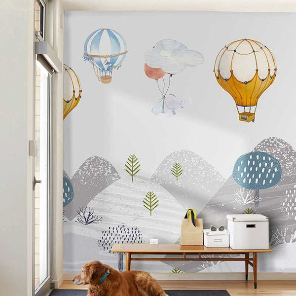 Elephants Hanging from Air Balloons: Kids Nursery Wallpaper-Kids Room Wallpaper