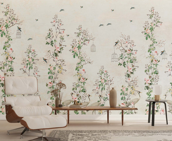 Floral Birds Wallpaper Mural: Stunning Wall Décor-Trees Wallpaper