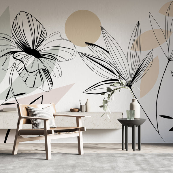 Floral Lines Wallpaper Mural - Enhance your Space-Flower & Leaf Wallpaper