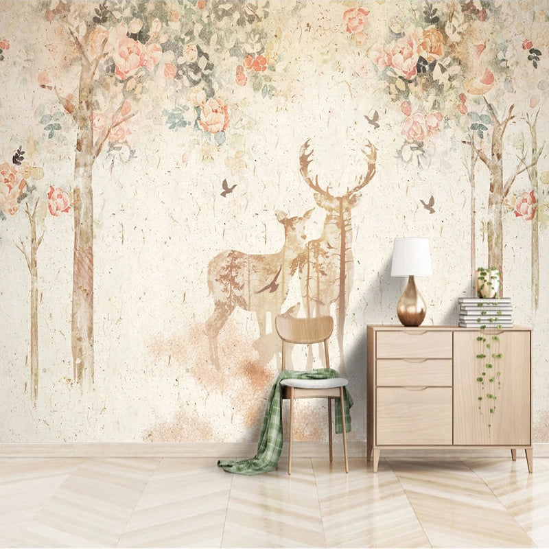 Floral Meadow with Deer - Nature-Inspired Wallpaper-Kids Room Wallpaper