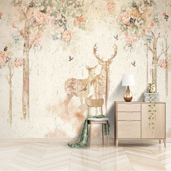Floral Meadow with Deer - Nature-Inspired Wallpaper-Kids Room Wallpaper