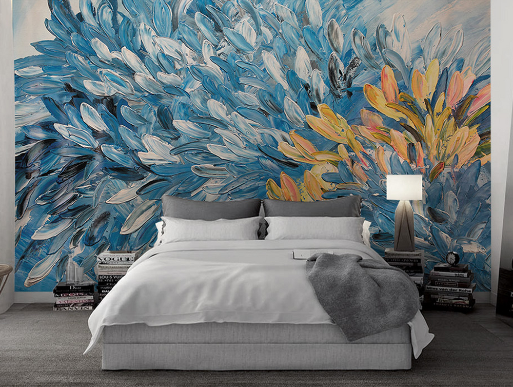 Floral Painting Blue & Gold Wallpaper Murals-Flower & Leaf Wallpaper