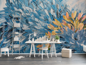 Floral Painting Blue & Gold Wallpaper Murals-Flower & Leaf Wallpaper