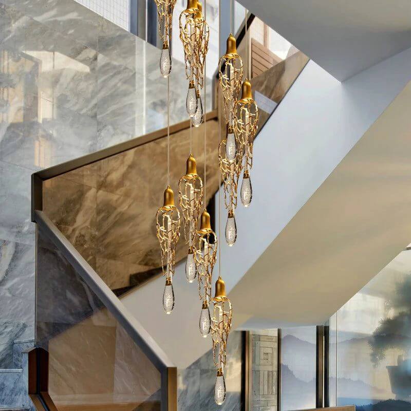 Glass Drops Brass Crystal Staircase Chandelier Lighting-Staircase Chandelier
