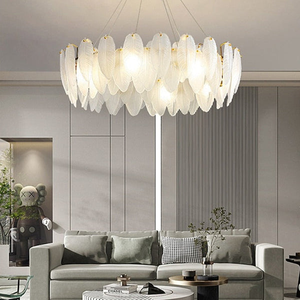 Glass Feather Chandelier: Elegant Lighting Fixture-Ceiling Chandelier