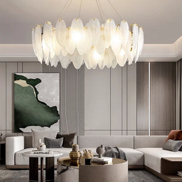 Glass Feather Chandelier: Elegant Lighting Fixture-Ceiling Chandelier