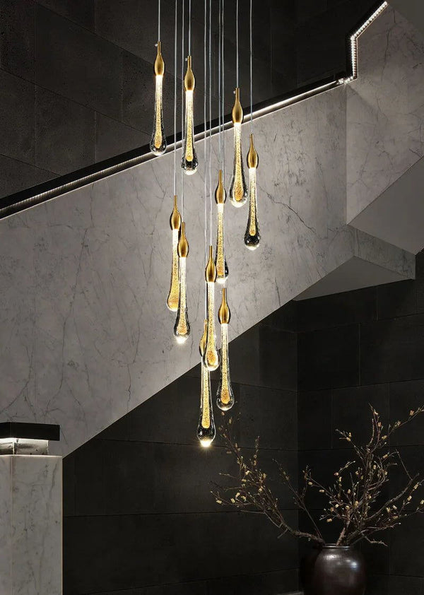 Gold Water Drop Crystal Pendant LED Chandelier Lighting-Staircase Chandelier