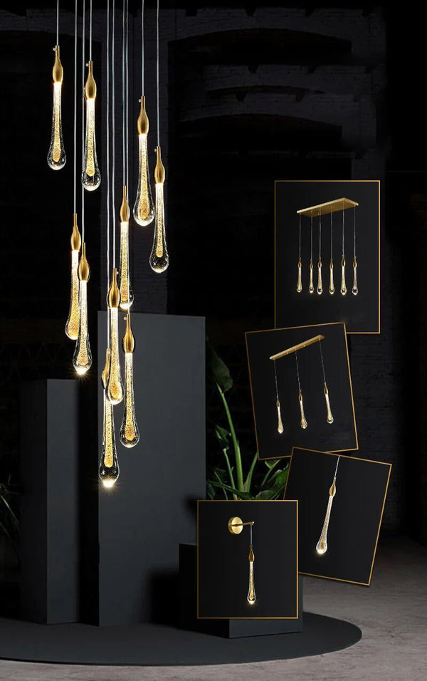 Gold Water Drop Crystal Pendant LED Chandelier Lighting-Staircase Chandelier