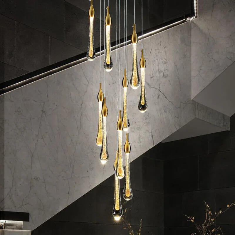 Gold Water Drop Crystal Pendant LED Chandelier Lighting-Staircase Chandelier