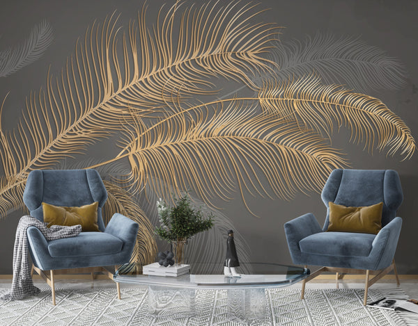 Golden Leaf Wallpaper Mural: Nature-inspired Design-Flower & Leaf Wallpaper