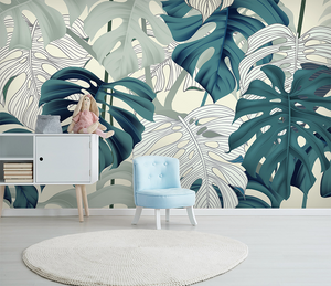 Green Monstera Leaves Wallpaper Mural for Vibrant Décor-Flower & Leaf Wallpaper