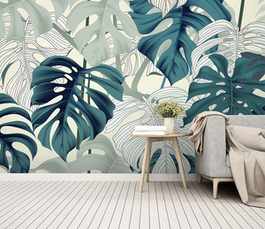 Green Monstera Leaves Wallpaper Mural for Vibrant Décor-Flower & Leaf Wallpaper
