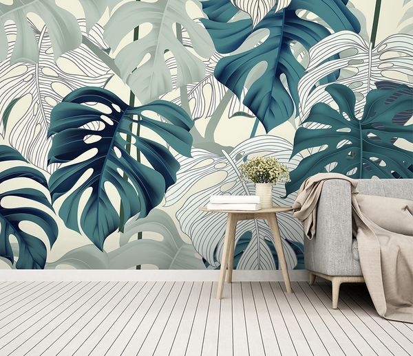 Green Monstera Leaves Wallpaper Mural for Vibrant Décor-Flower & Leaf Wallpaper