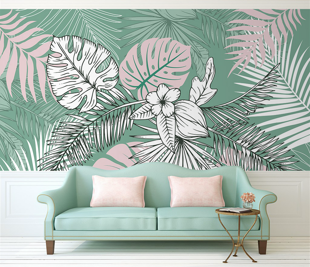 Green Sketch Floral Leaves Wallpaper Mural-Flower & Leaf Wallpaper