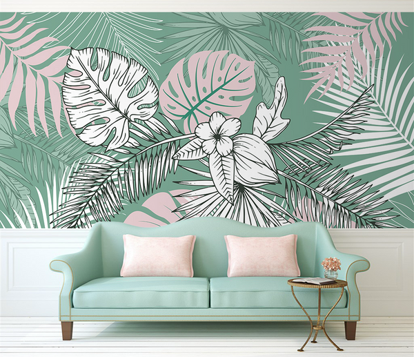 Green Sketch Floral Leaves Wallpaper Mural-Flower & Leaf Wallpaper