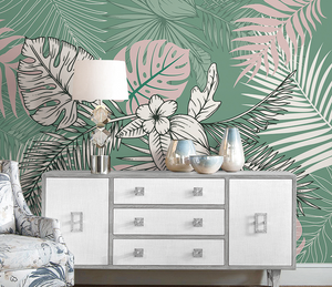 Green Sketch Floral Leaves Wallpaper Mural-Flower & Leaf Wallpaper