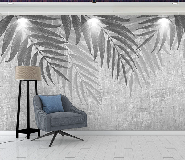 Grey Scenic Leaves Wallpaper Mural-Flower & Leaf Wallpaper