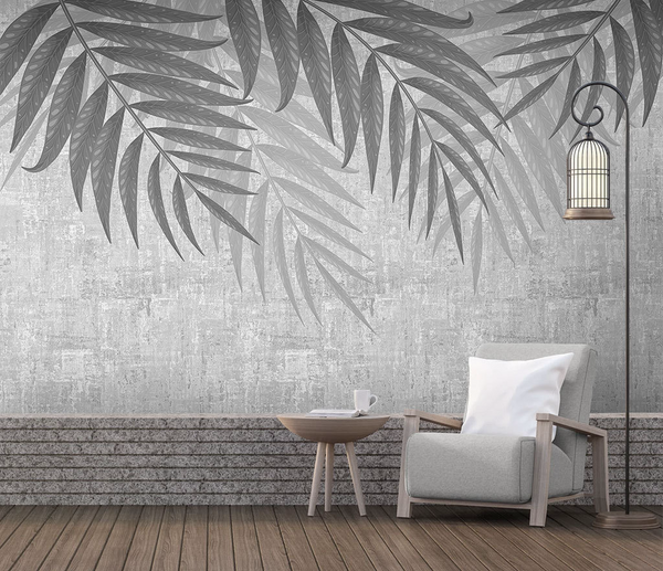 Grey Scenic Leaves Wallpaper Mural-Flower & Leaf Wallpaper