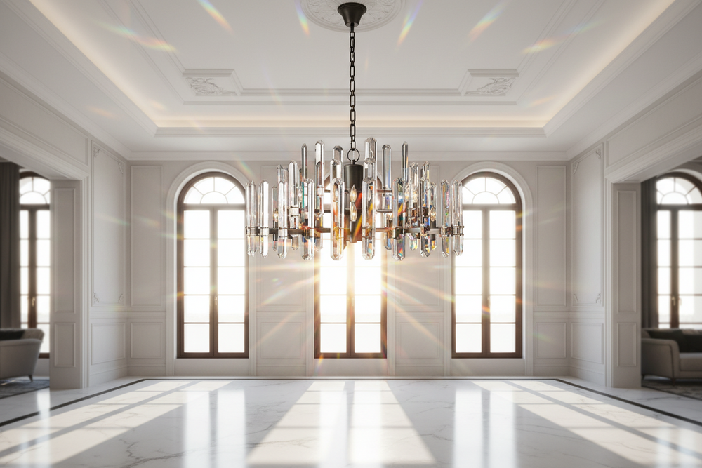 Luxurious room with a chandelier and large windows