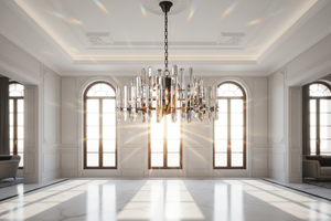 Luxurious room with a chandelier and large windows