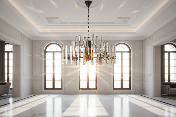 Luxurious room with a chandelier and large windows