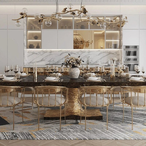 Italian Hourglass Solid Wood Brass Dining Table Set-Dining Tables