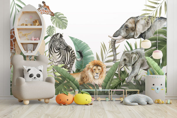 Jungle Safari Wallpaper Mural - Vibrant Wildlife Wall Decor-Kids Room Wallpaper