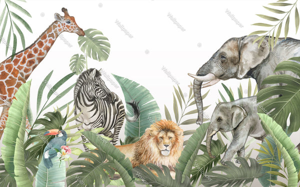 Jungle Safari Wallpaper Mural - Vibrant Wildlife Wall Decor-Kids Room Wallpaper