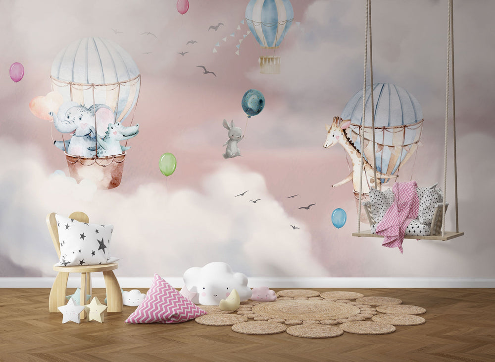 Kids Nursery Wallpaper Mural - Animals on Air Balloon-Kids Room Wallpaper