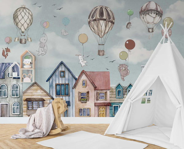 Kids Room Wallpaper Mural - Animals on Balloon-Kids Room Wallpaper